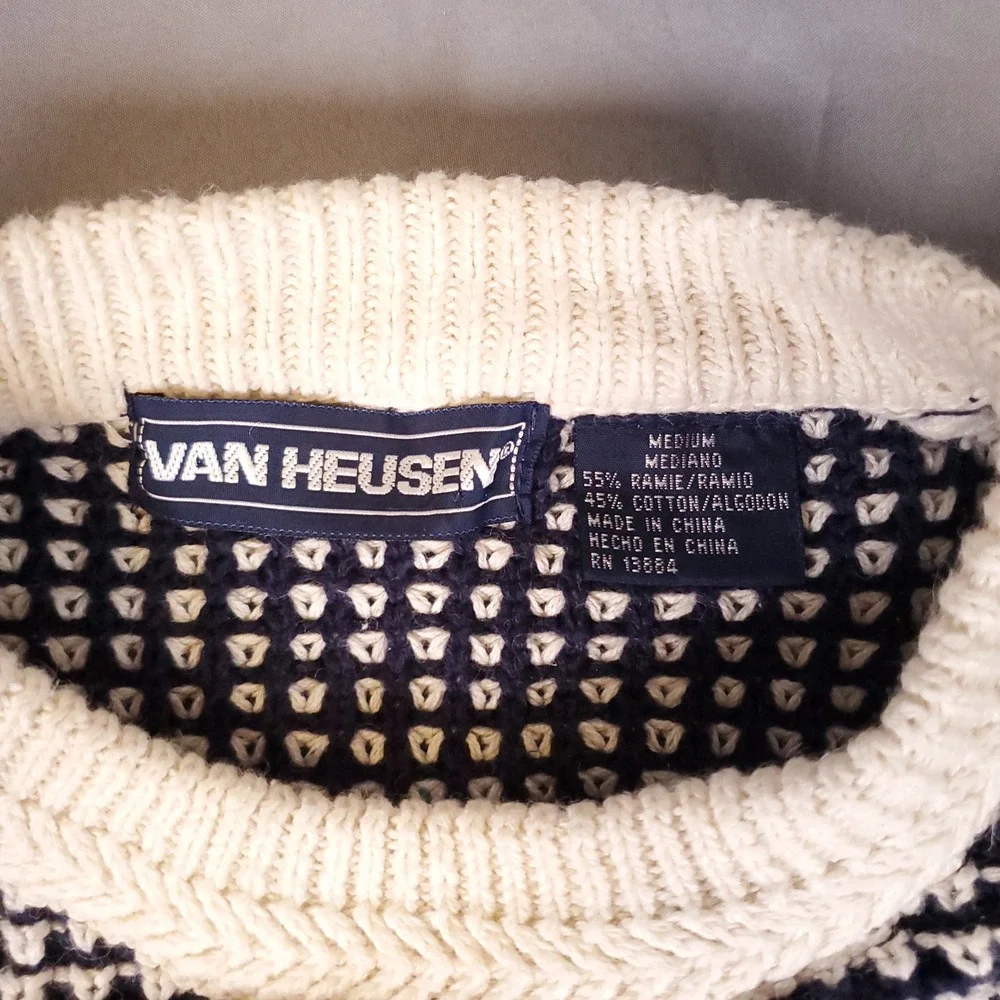 Van Heusen Sweater Mens Medium Navy Cream Birds Eye Ramie Cotton Grandpa Vintage